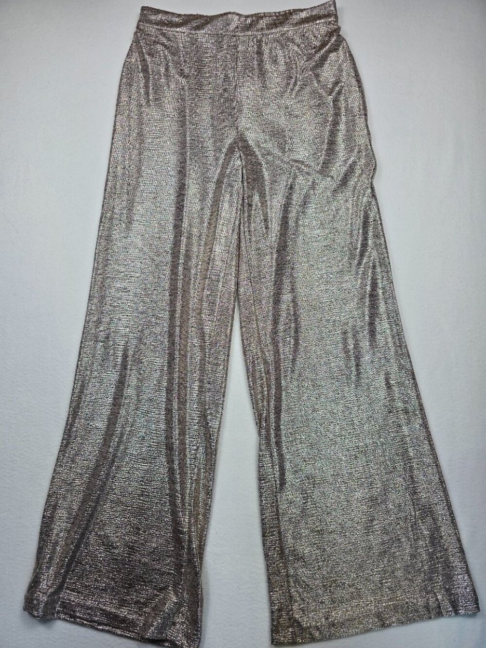 Skies Are Blue Medium Metallic Gold Wide Leg Pants Elastic Waist Shimmery Fabric